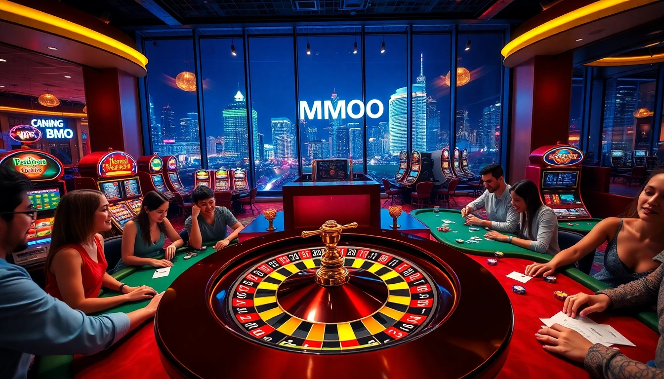 Experience the thrill of "MMOO" at a lively casino with bright slot machines and an exciting roulette wheel.